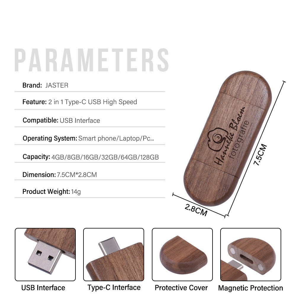 Customized Maple Box Carved Wooden 2-in-1 Mobile Phone Type C USB Drive