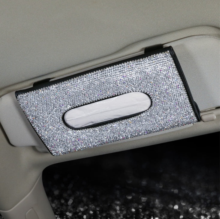 Crystal PU Leather Universal Hanging Style Sun Visor Car Tissue Box