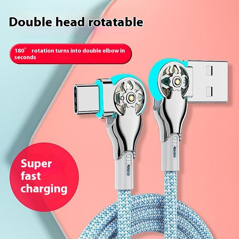 Double Bend Rotating Braided Lengthened Type-c Fast Charge Data Cable Car Charging Cable With Light