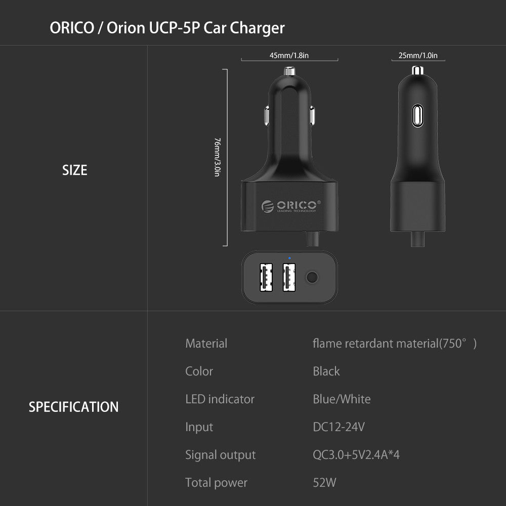 ORICO Fast Charge QC3.0 Car Charger with 5 Ports