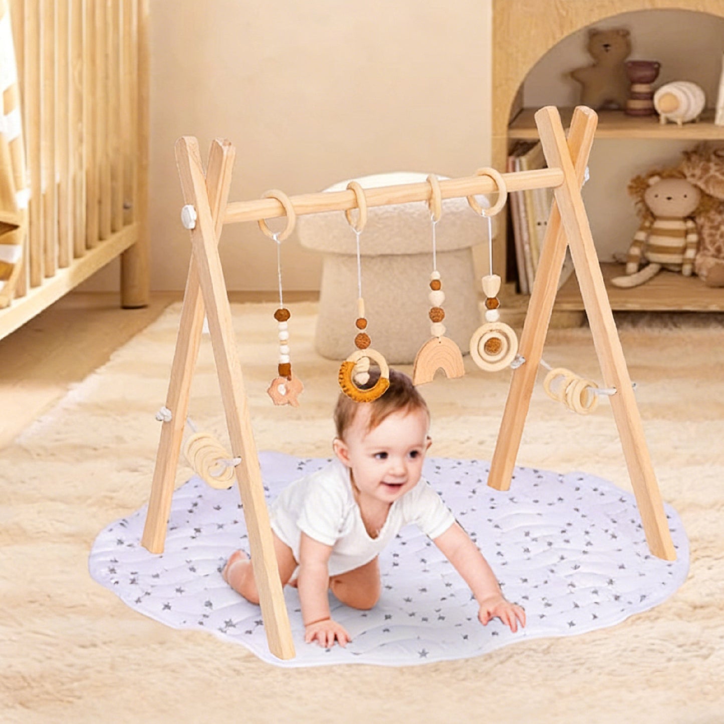 Adjustable Wooden Baby Activity Gym with Bells