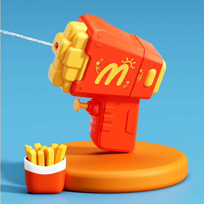 Hamburgers, fries, toy water gun