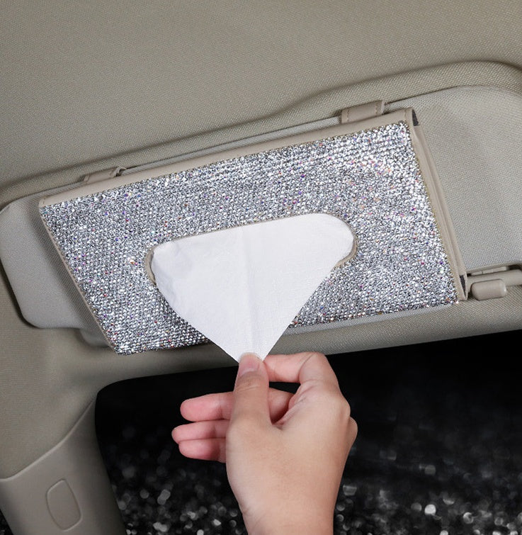 Crystal PU Leather Universal Hanging Style Sun Visor Car Tissue Box
