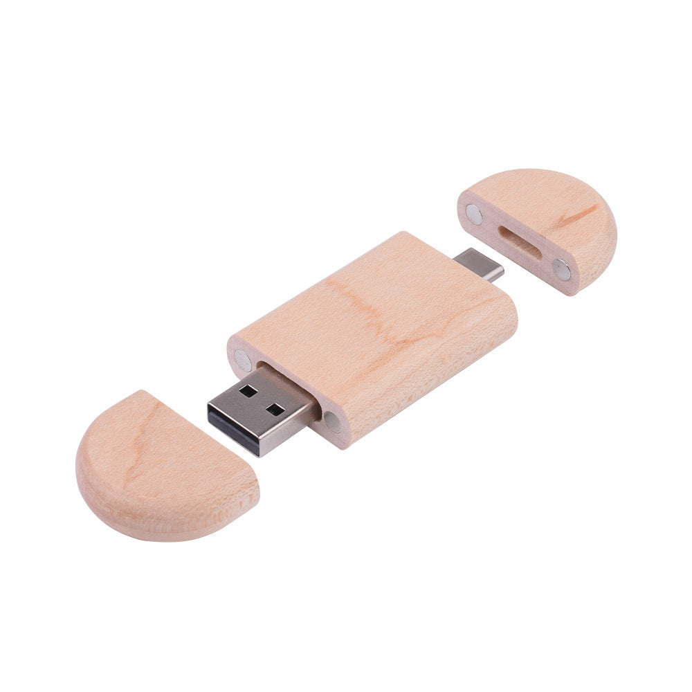 Customized Maple Box Carved Wooden 2-in-1 Mobile Phone Type C USB Drive