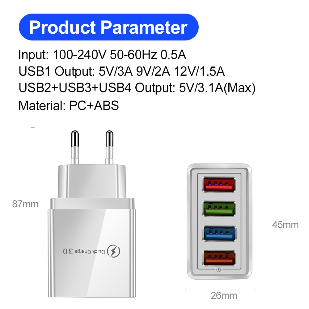 Premium 4-Port USB Wall Charger with Quick Charge 3.0