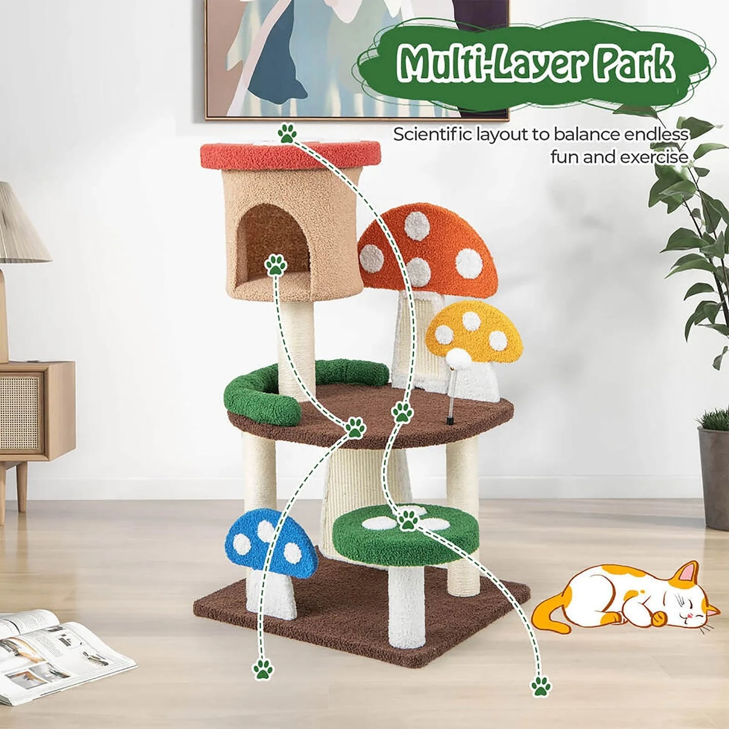 41 Inch Mushroom Cat Tree Tower and Kitten Activity Center with Natural Sisal
