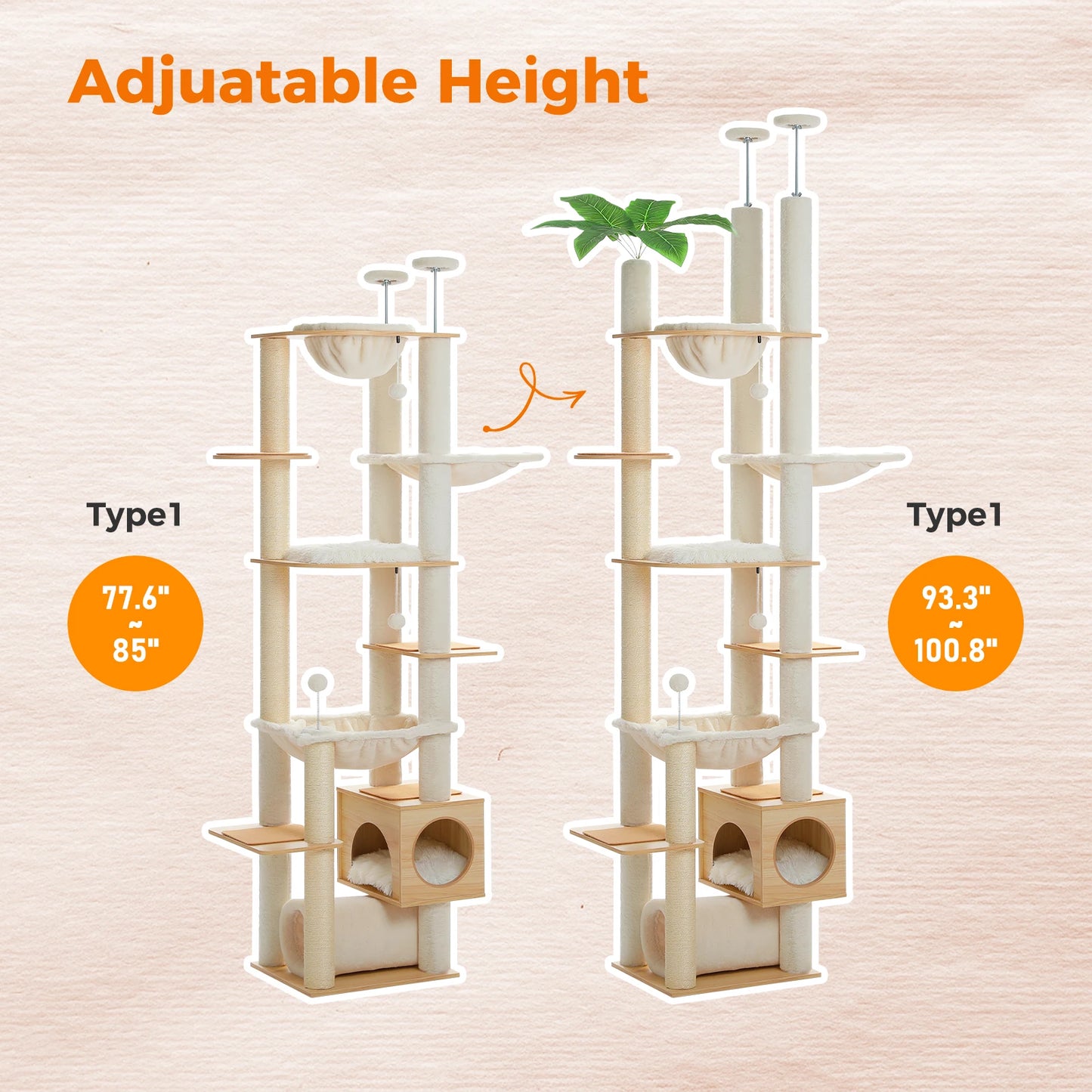 PAWZ Road 237CM-256CM Height-Adjustable Floor-to-Ceiling Wooden Cat Tree Tower in Beige