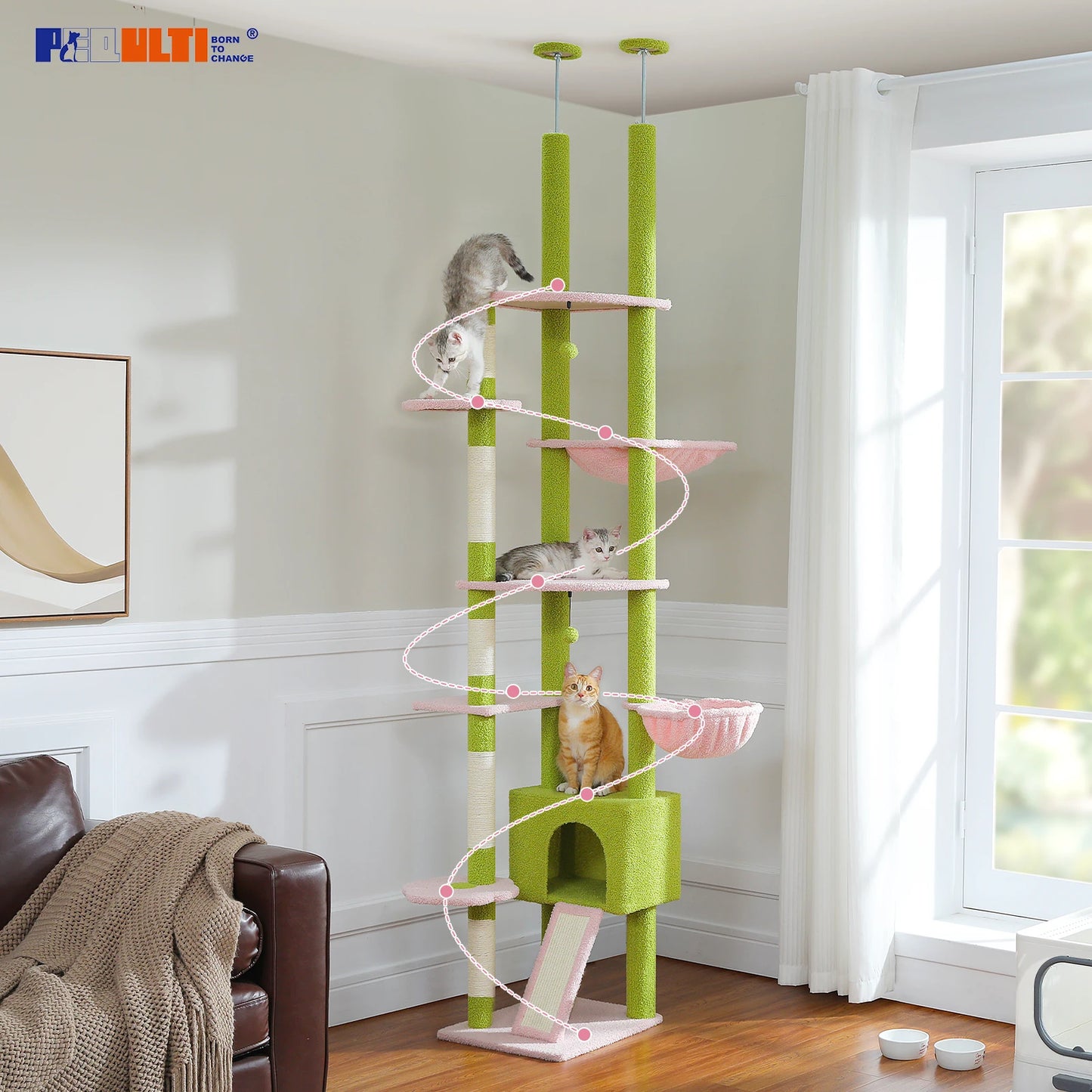 PETEPELA Floor to Ceiling Cactus Cat Tower with Adjustable Height Condo and Hammock