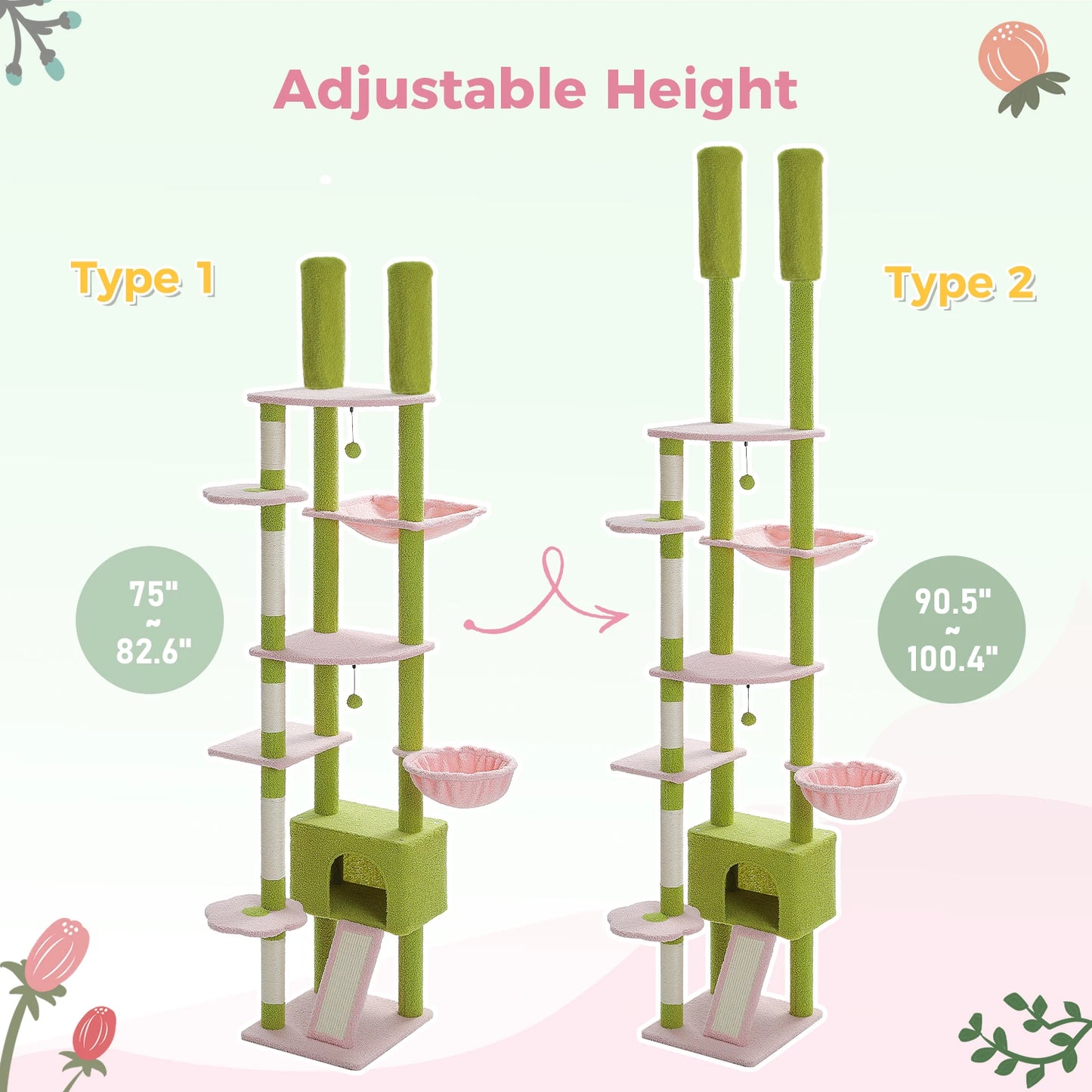 PETEPELA Floor to Ceiling Cactus Cat Tower with Adjustable Height Condo and Hammock