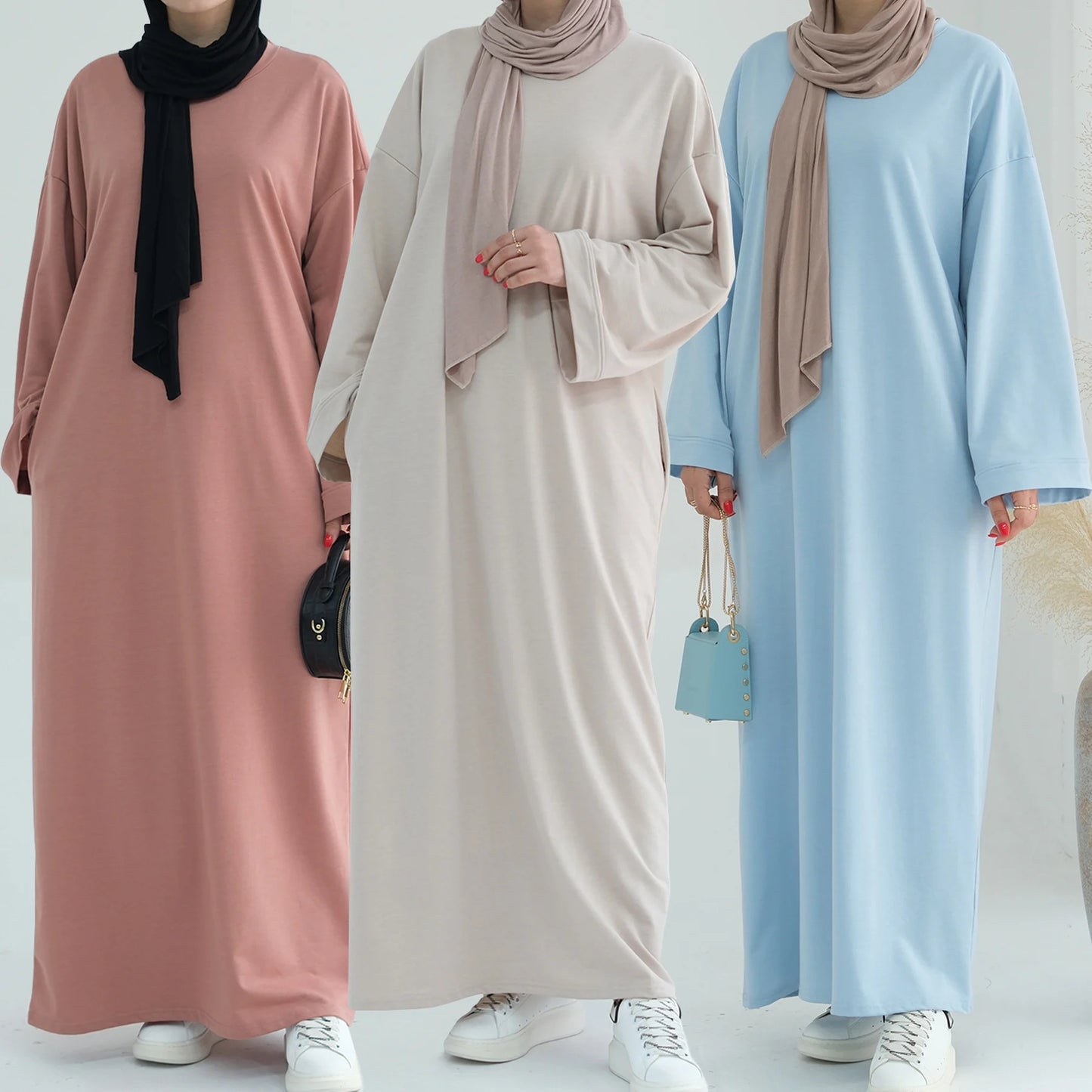 Casual Loose-Fit Muslim Sporty Abaya Women Long Sweatshirt Dress-Drop Shoulders, Side Pockets. Ramadan Modest Islamic Clothing