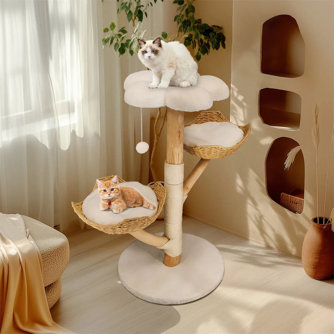 BINGOPAW 111cm Modern Solid Wood Cat Furniture Activity Center with Sisal Scratching Post