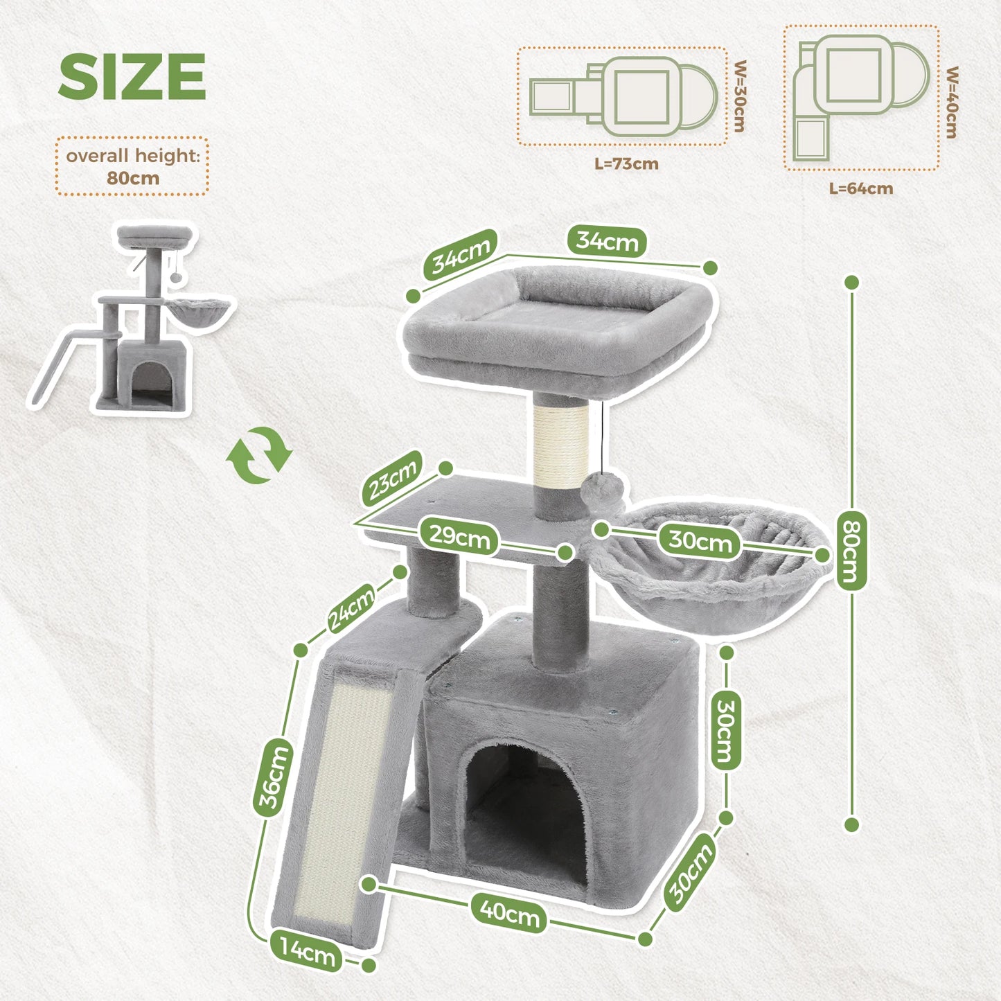 PAWZ Road 73CM Cat Activity Tree Tower with Big Hammock and Removable Top Perch in Grey