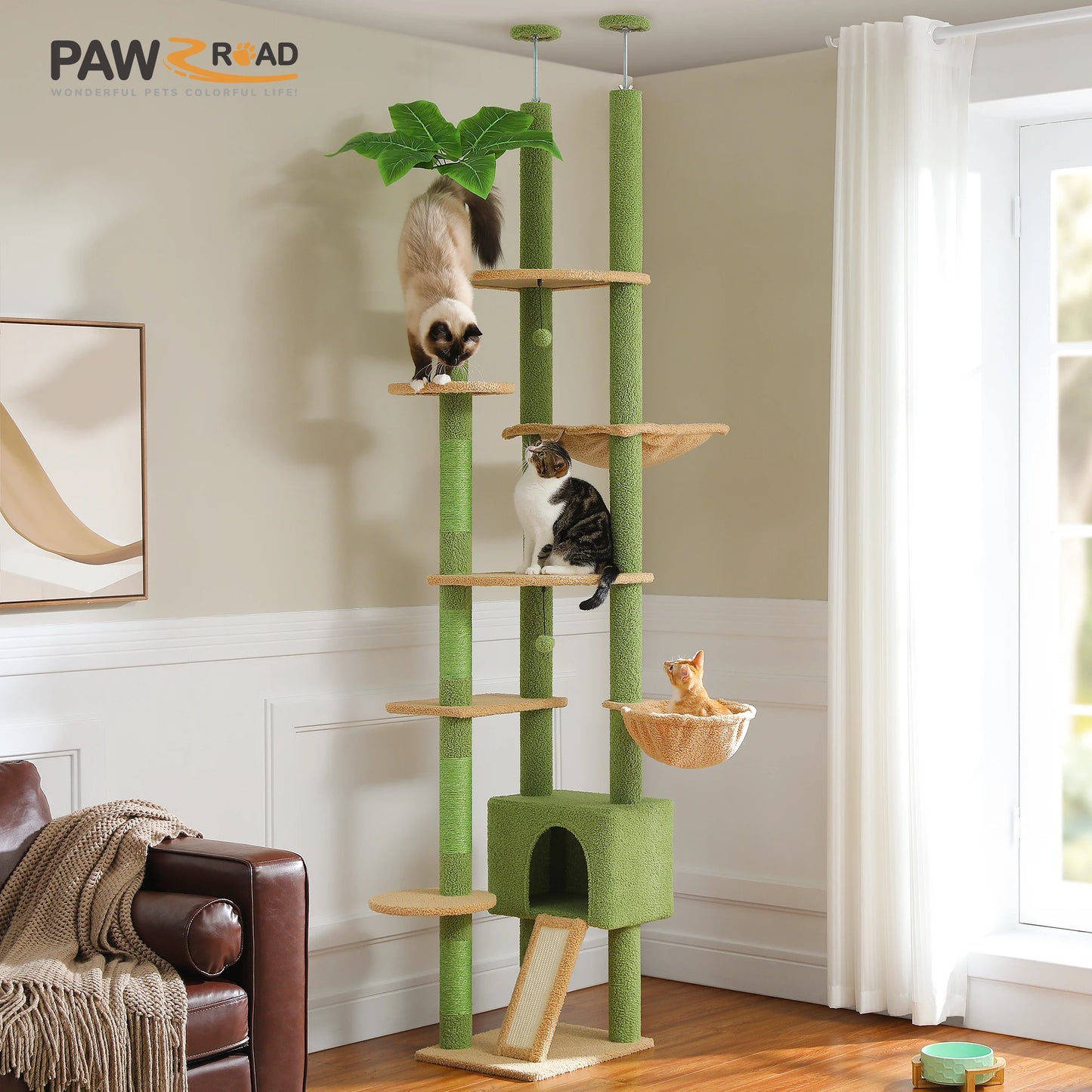 PETEPELA Floor to Ceiling Cactus Cat Tower with Adjustable Height Condo and Hammock