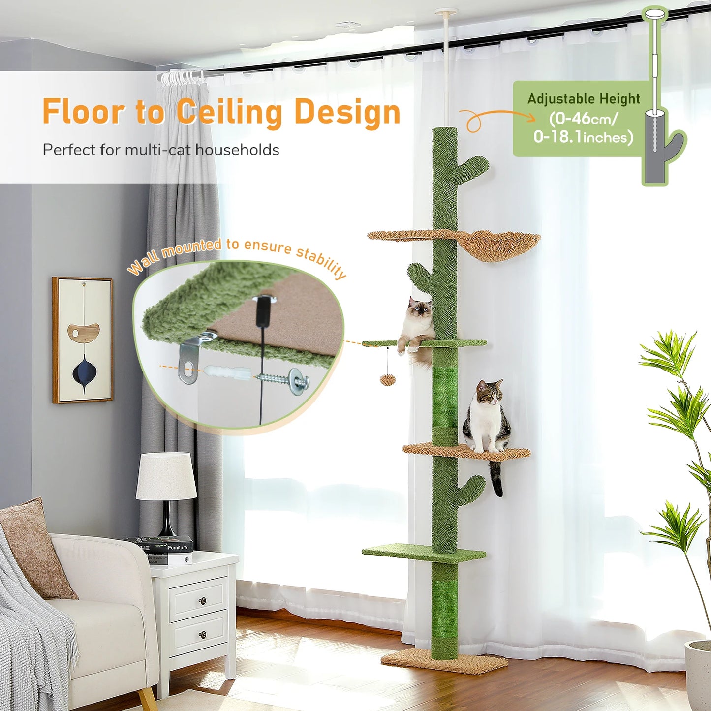 PAWZ Road 5-Tier Floor to Ceiling Cactus Cat Tower with Scratching Post and Hammock