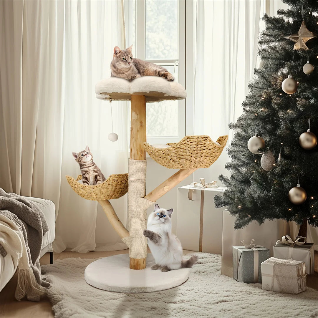BINGOPAW 111cm Modern Solid Wood Cat Furniture Activity Center with Sisal Scratching Post