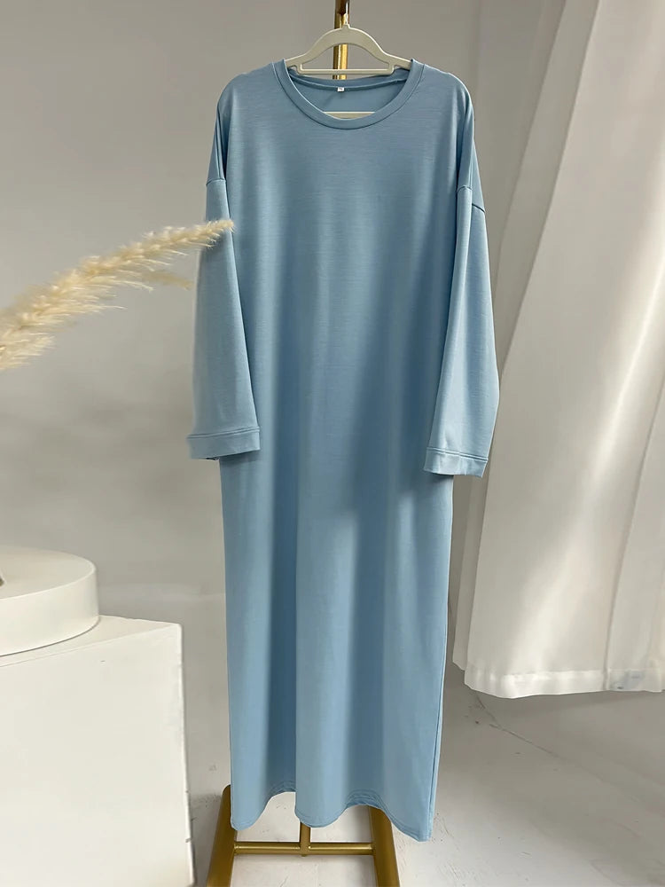 Casual Loose-Fit Muslim Sporty Abaya Women Long Sweatshirt Dress-Drop Shoulders, Side Pockets. Ramadan Modest Islamic Clothing
