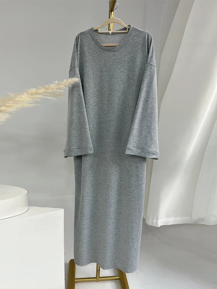 Casual Loose-Fit Muslim Sporty Abaya Women Long Sweatshirt Dress-Drop Shoulders, Side Pockets. Ramadan Modest Islamic Clothing