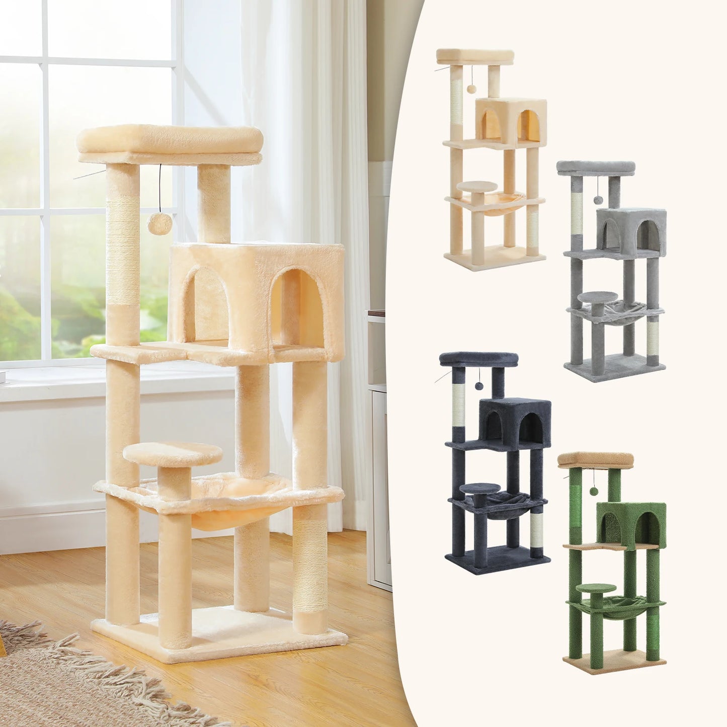 PEQULTI Multi Level Cat Tree Tower with Scratching Board Condo and Hammock for Indoor Cats
