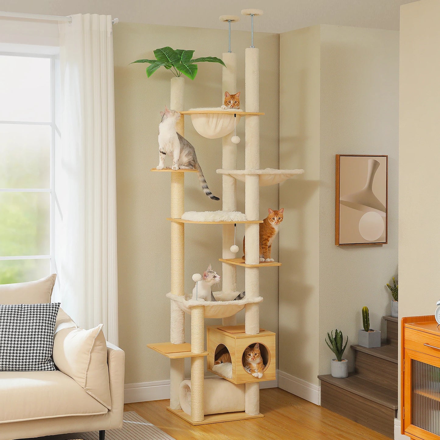 PAWZ Road Floor to Ceiling Adjustable Wooden Cat Tree with Large Hammock and Cozy Condo
