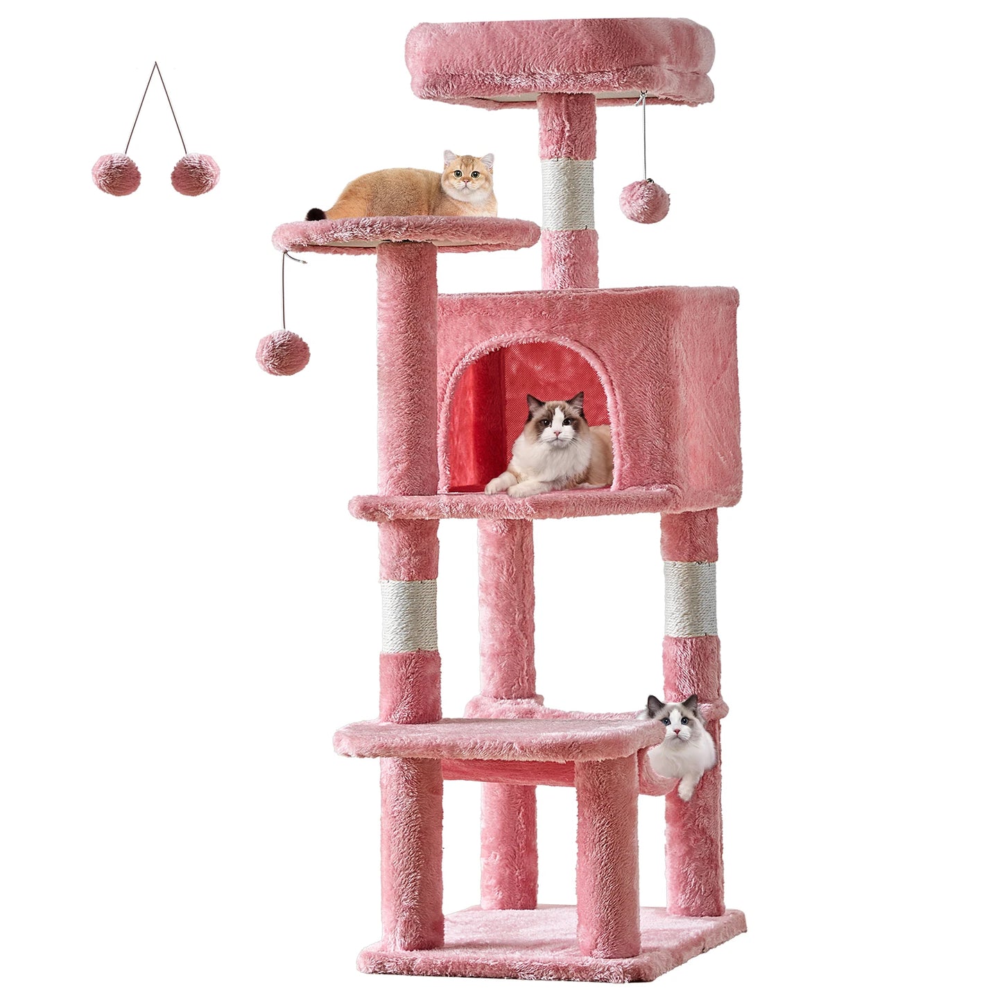 JHK 44 Inch Tall Multi-Cat Climbing Tower with Natural Sisal Scratching Posts and Stable Pet House