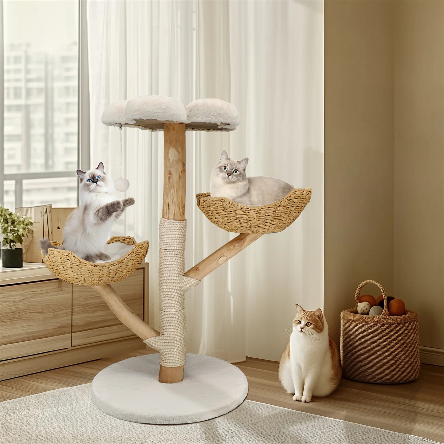 BINGOPAW Modern Cat Activity Tower with Plush Cushion Toy Ball and Sisal Scratching Post