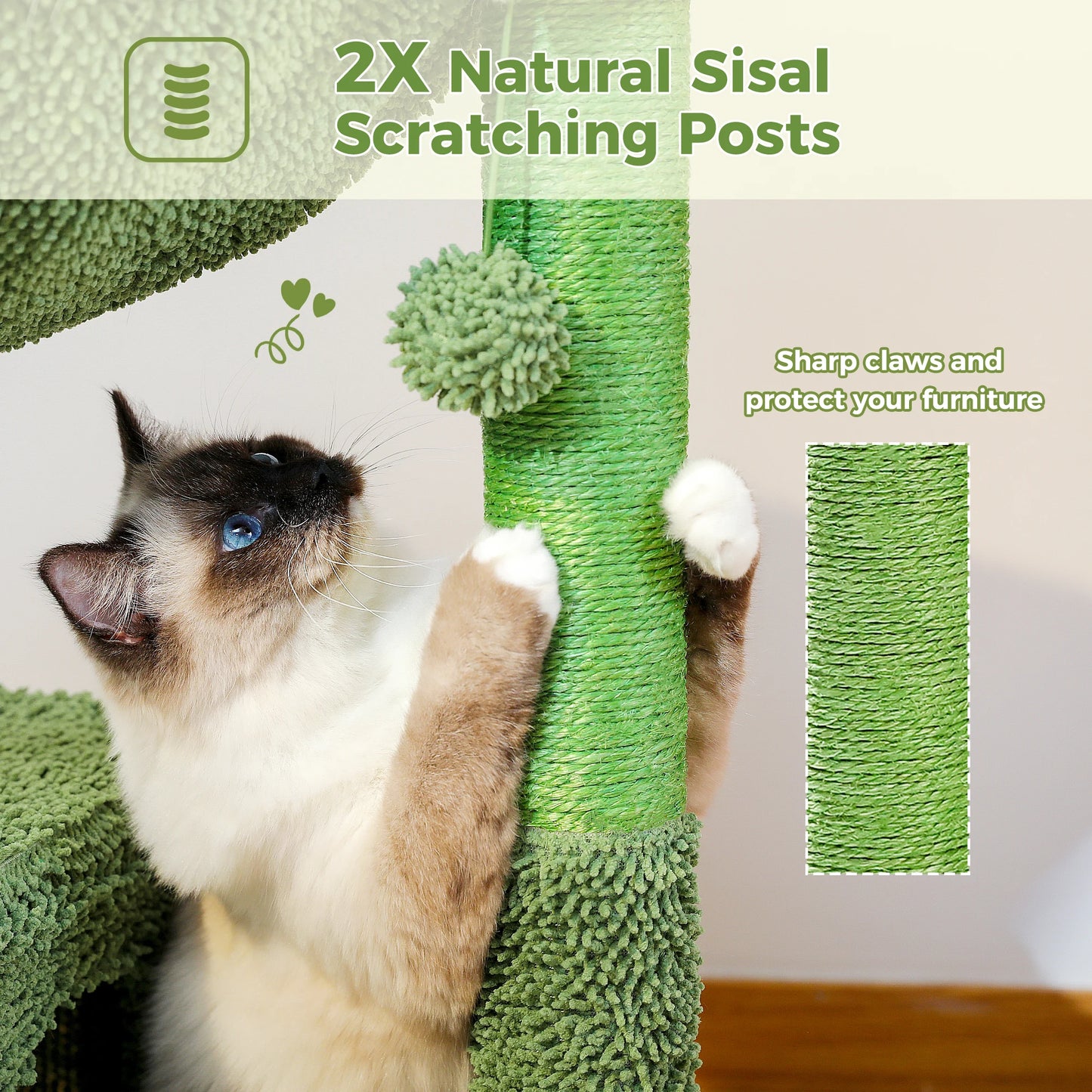 Cactus Cat Tree Tower with Large Condo Hammock and Dangling Ball for Indoor Cats