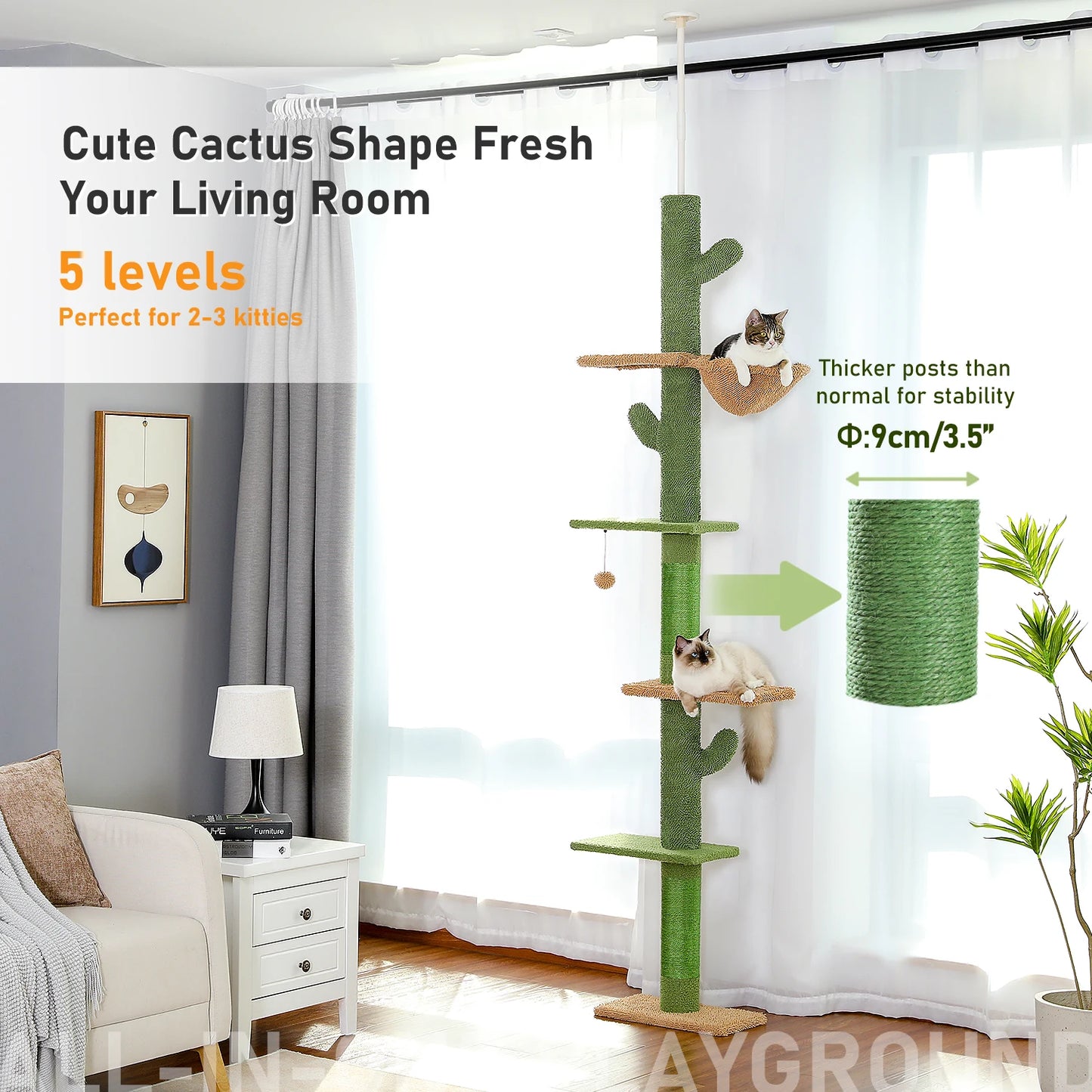 PAWZ Road 5-Tier Floor to Ceiling Cactus Cat Tower with Scratching Post and Hammock