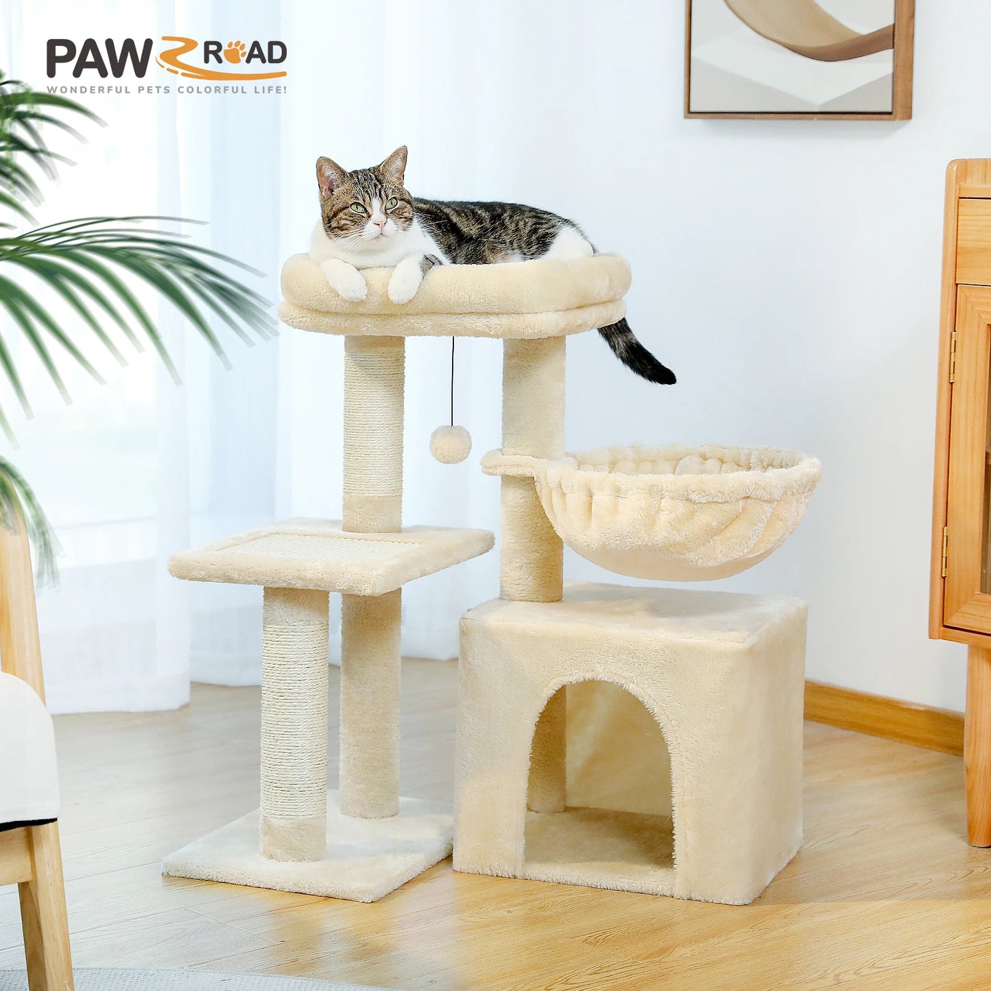 PAWZ Road 73CM Cat Activity Tree Tower with Big Hammock and Removable Top Perch in Grey