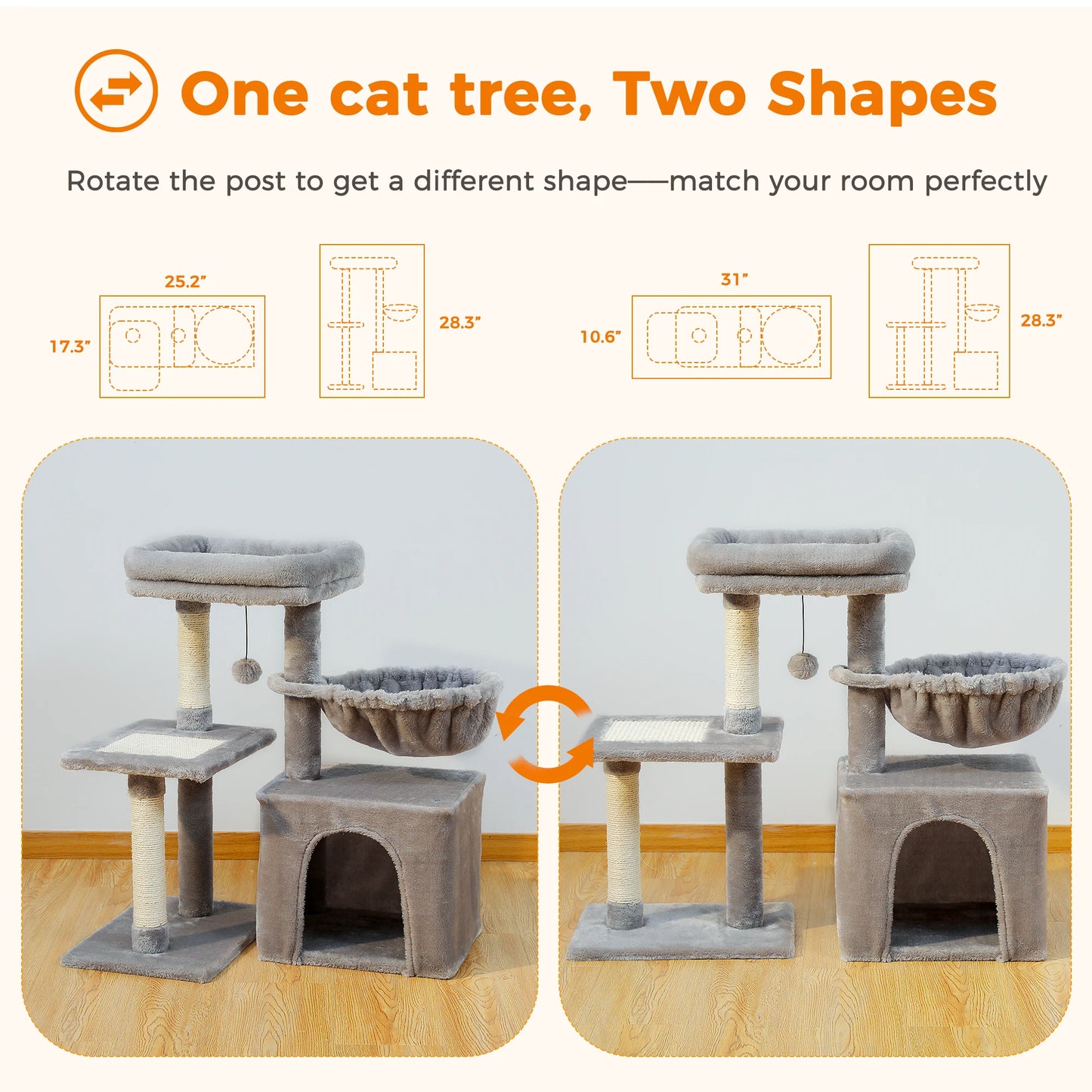 PAWZ Road 73CM Cat Activity Tree Tower with Big Hammock and Removable Top Perch in Grey