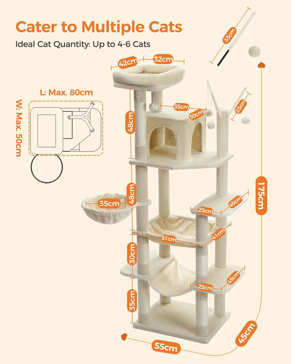 Sturdy Multi-Level Cat Tree Tower with Natural Sisal Scratching Posts,Cozy Hammock&Condo, Large Top Perch, and Fun Dangling Ball