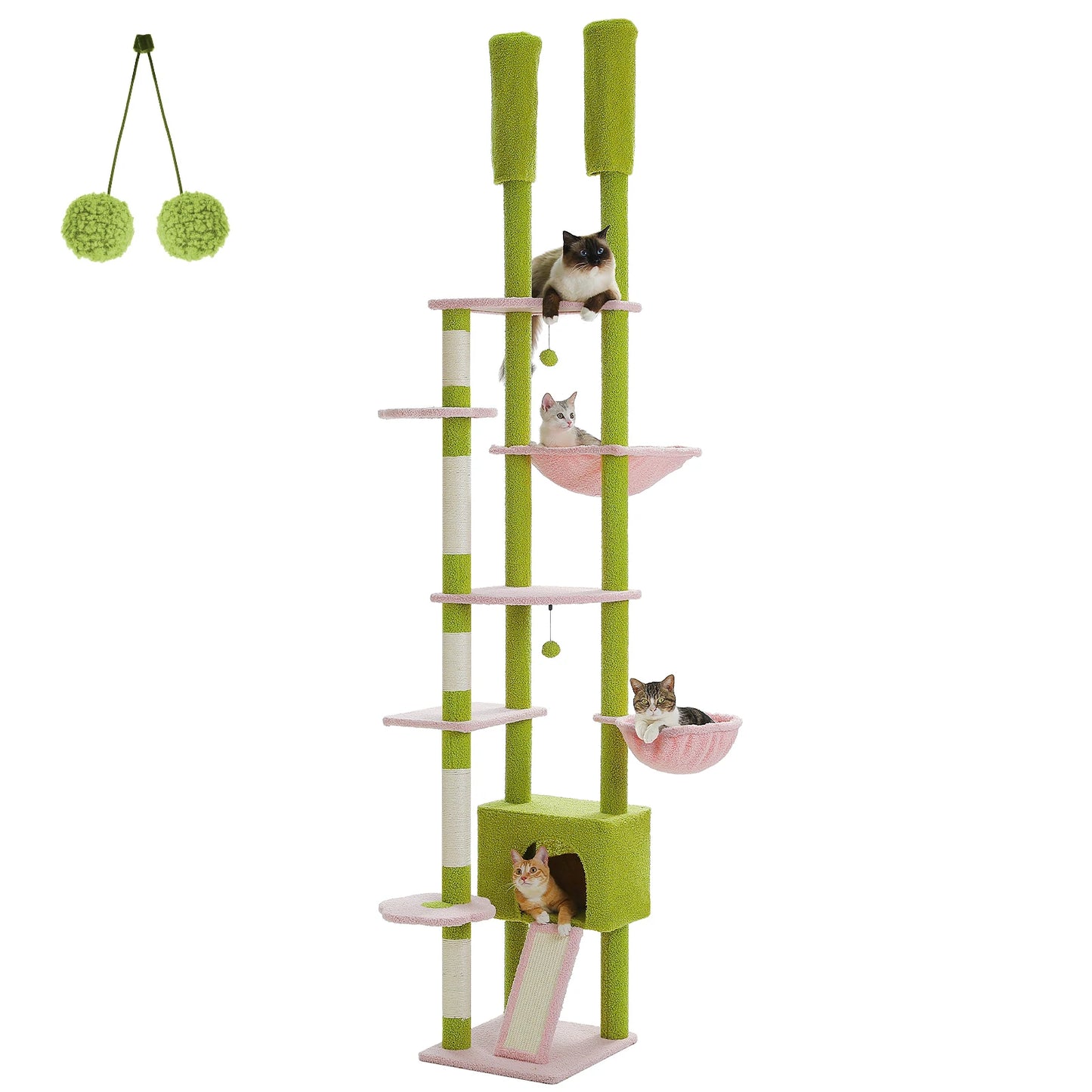 PETEPELA Floor to Ceiling Cactus Cat Tower with Adjustable Height Condo and Hammock