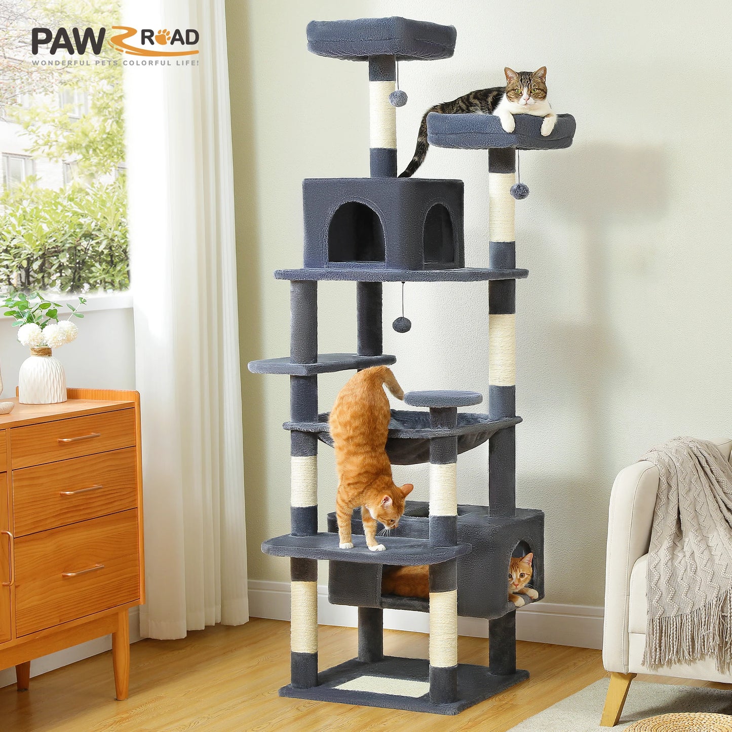 PAWZ Road Large Cat Tree and Tower with Spacious Hammock Padded Perches and Condos