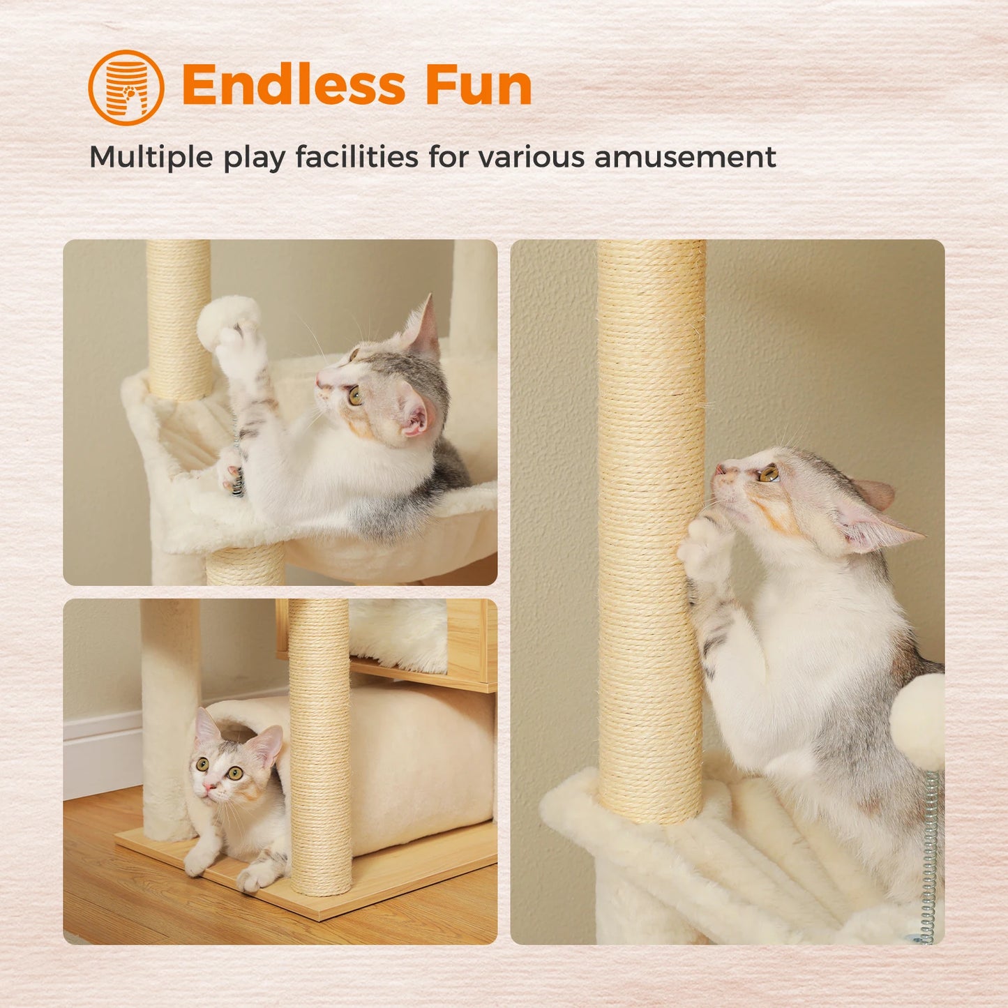 PAWZ Road 237CM-256CM Height-Adjustable Floor-to-Ceiling Wooden Cat Tree Tower in Beige