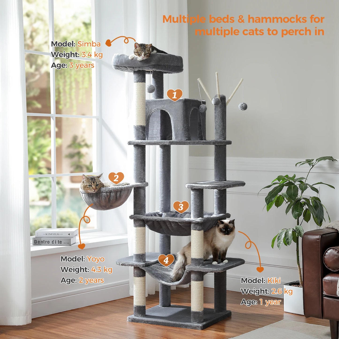 PETEPELA 173cm Large Cat Tree Tower for Large Cats with Super Big Hammock and Scratching Posts