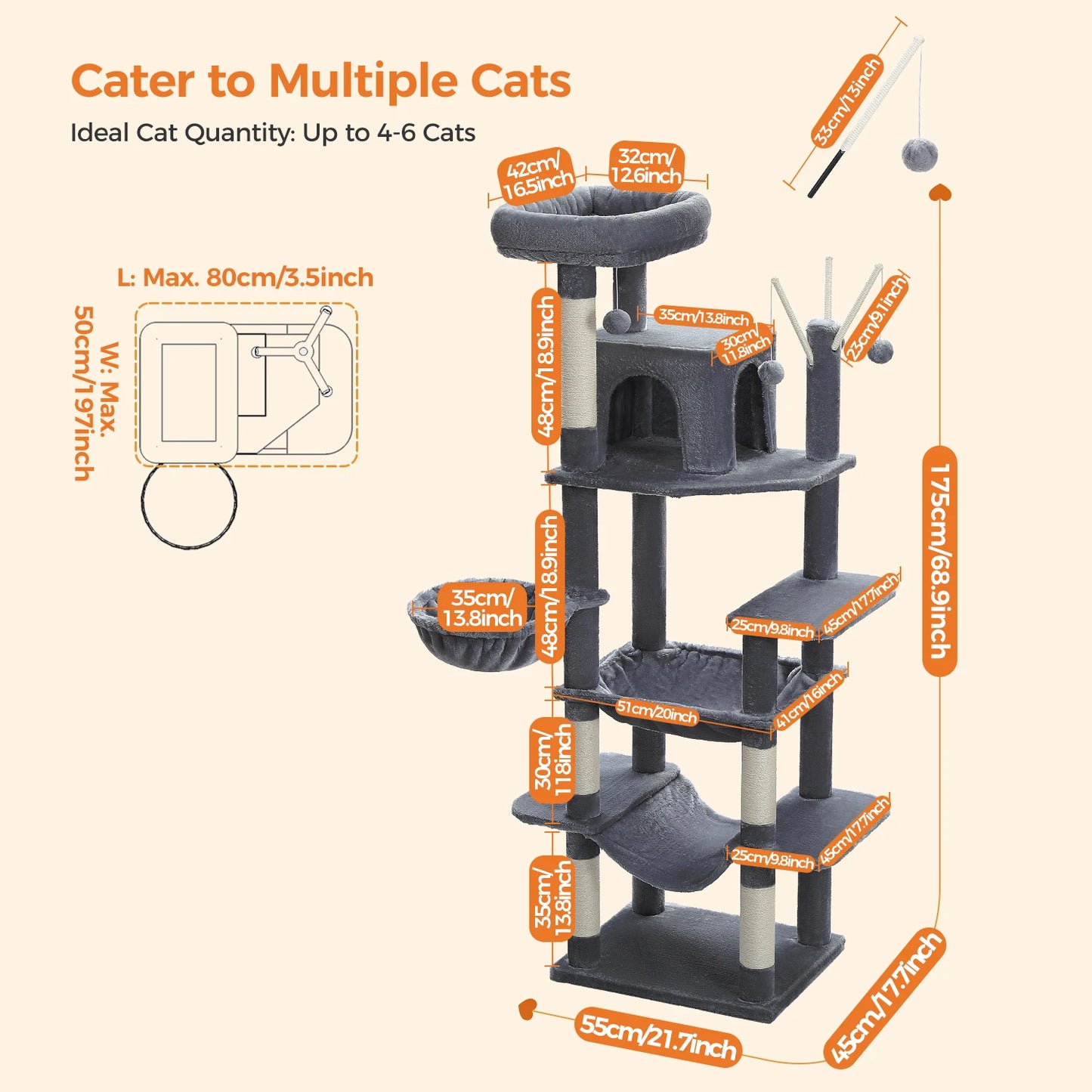 PETEPELA 173cm Large Cat Tree Tower for Large Cats with Super Big Hammock and Scratching Posts