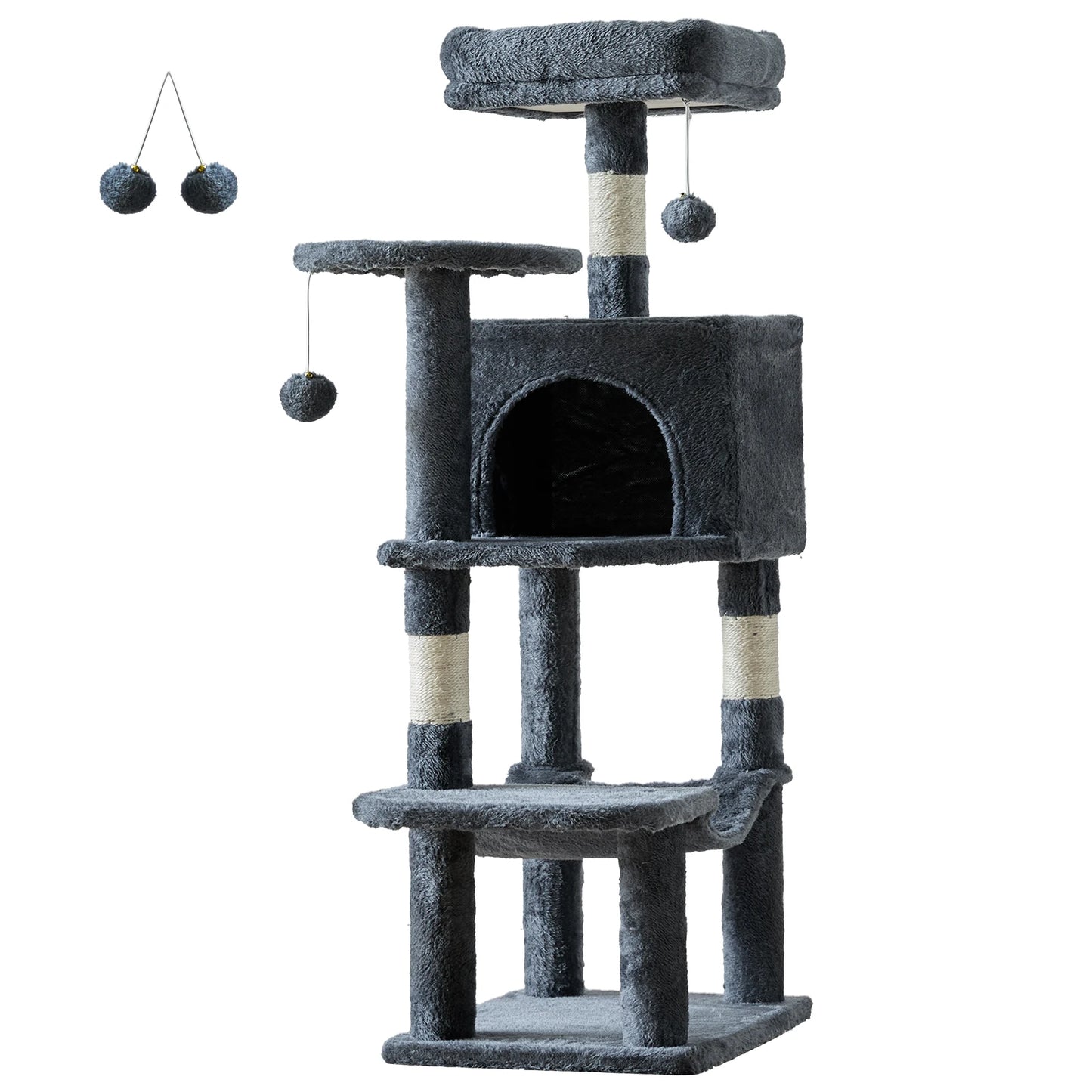 JHK 44 Inch Tall Multi-Cat Climbing Tower with Natural Sisal Scratching Posts and Stable Pet House