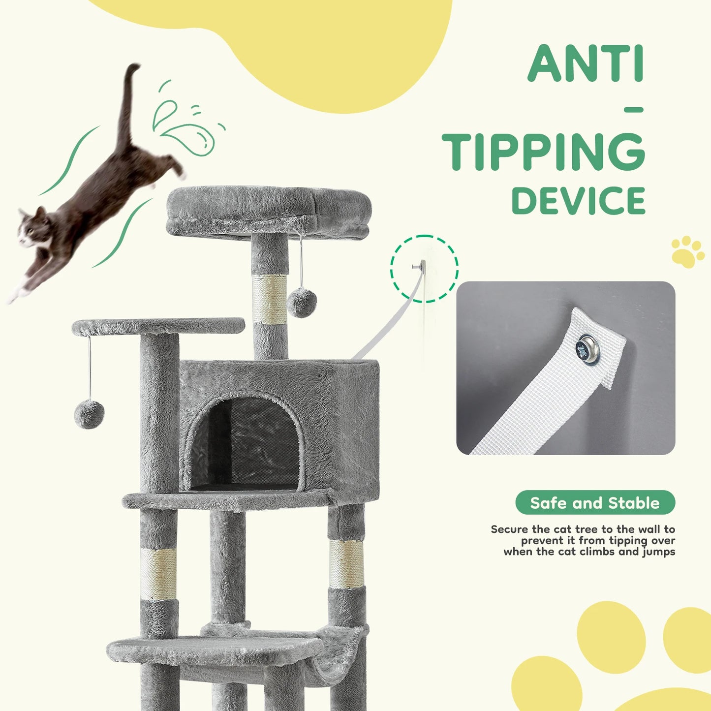 JHK 44 Inch Tall Multi-Cat Climbing Tower with Natural Sisal Scratching Posts and Stable Pet House