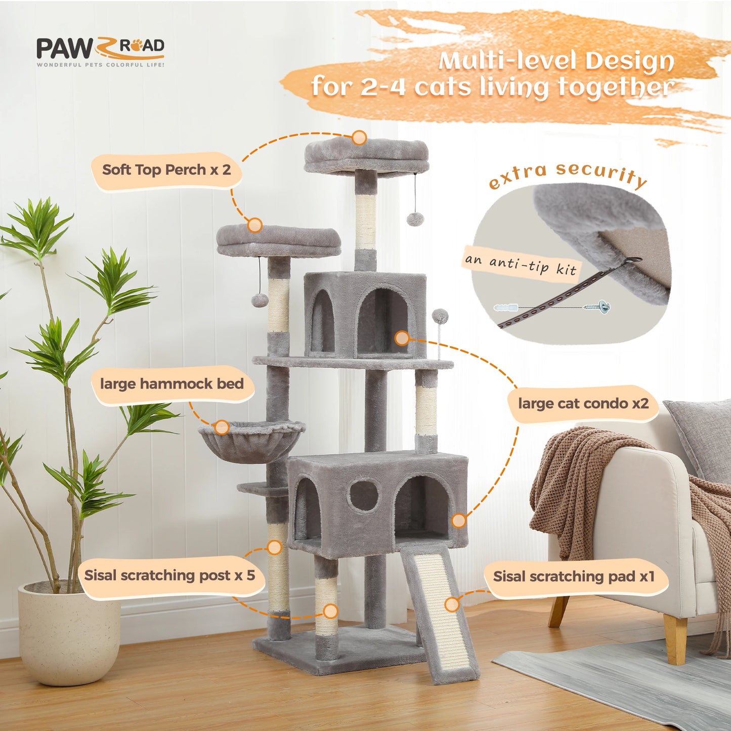 PEQULTI 162CM Multi Level Cat Tree Tower with Padded Perches and Plush Condo
