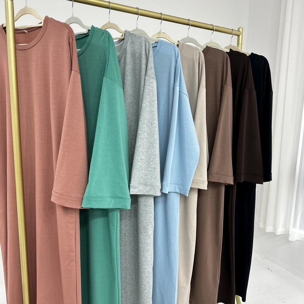 Casual Loose-Fit Muslim Sporty Abaya Women Long Sweatshirt Dress-Drop Shoulders, Side Pockets. Ramadan Modest Islamic Clothing