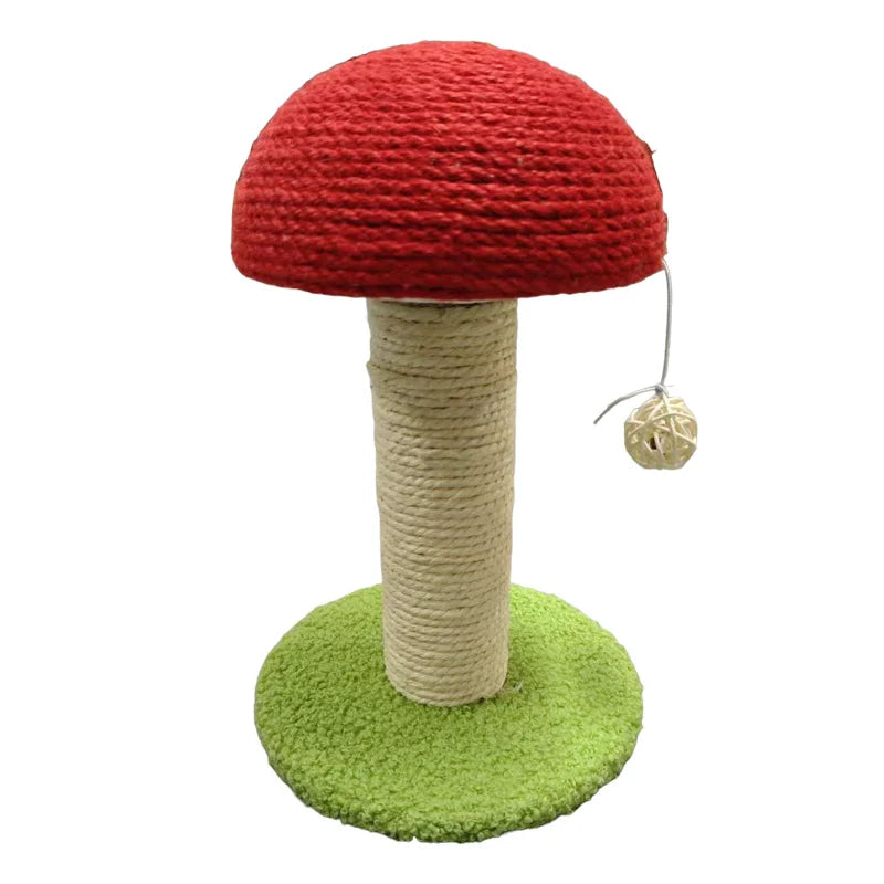 Red Mushroom Shaped Cat Scratching Post with Sisal Pad and Green Pom Pom Base