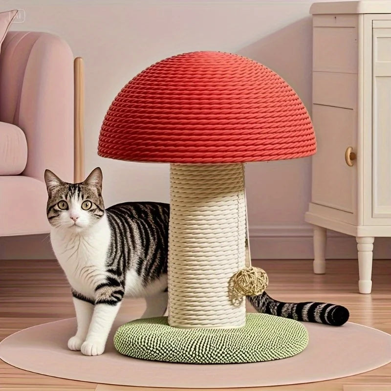 Red Mushroom Shaped Cat Scratching Post with Sisal Pad and Green Pom Pom Base
