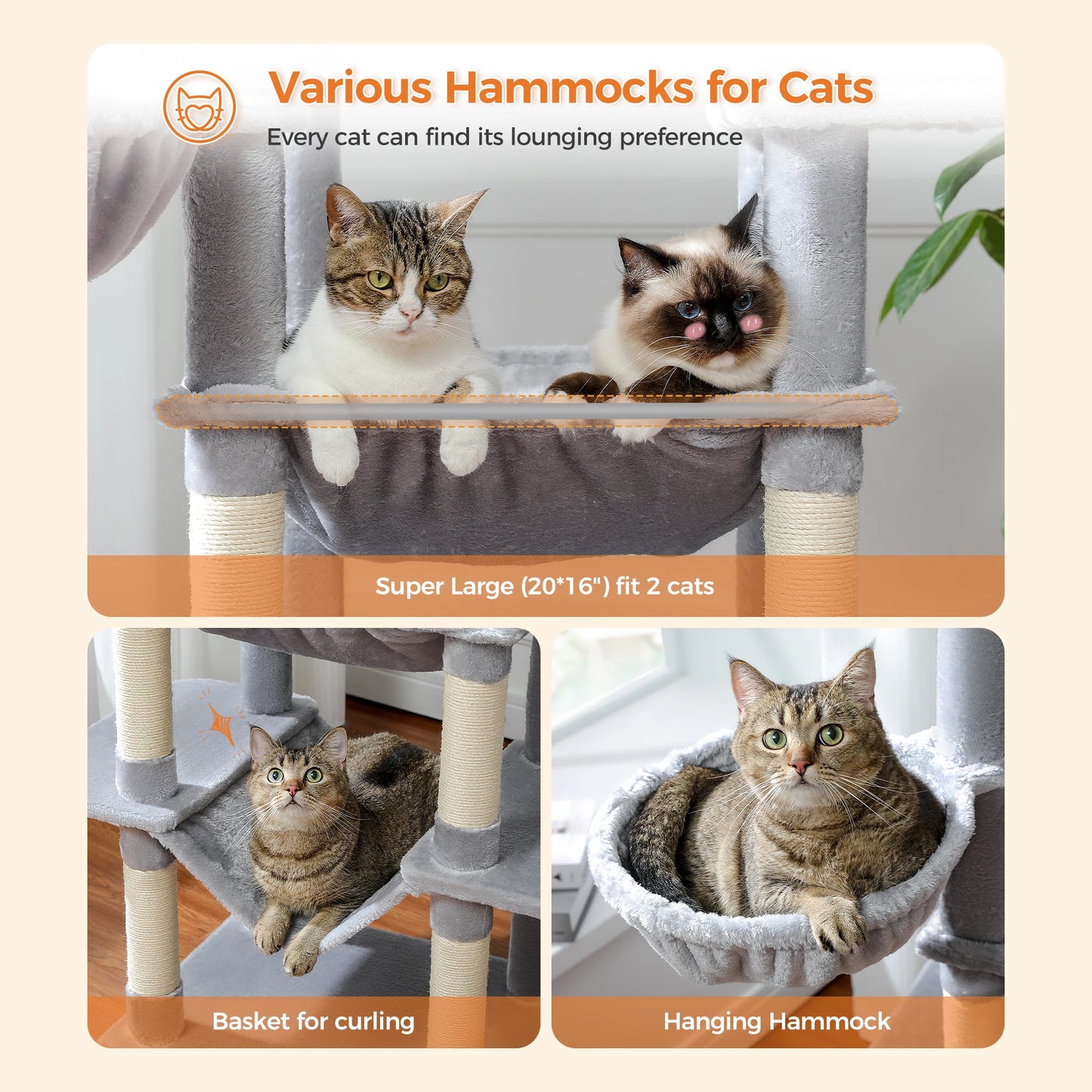 PETEPELA 173cm Large Cat Tree Tower for Large Cats with Super Big Hammock and Scratching Posts