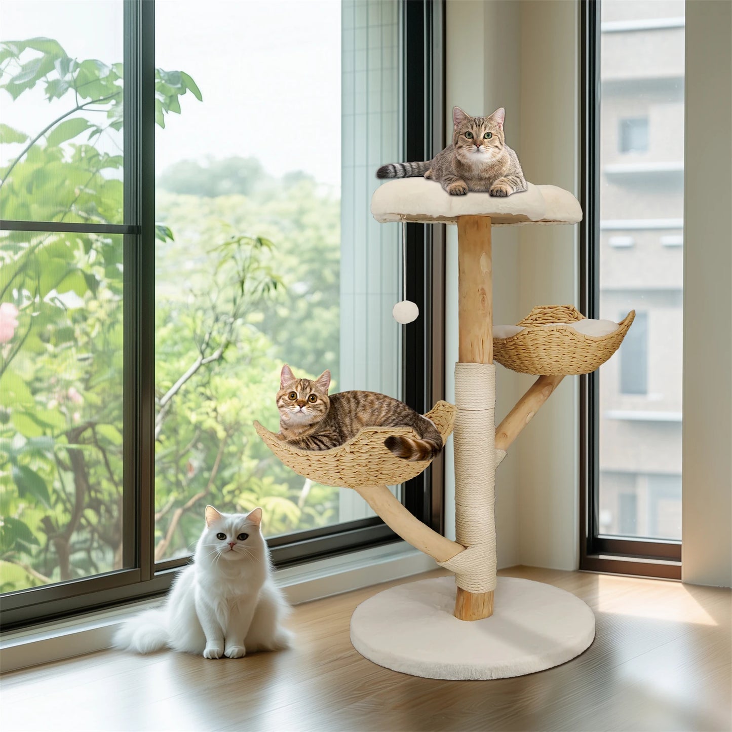 BINGOPAW Modern Cat Activity Tower with Plush Cushion Toy Ball and Sisal Scratching Post