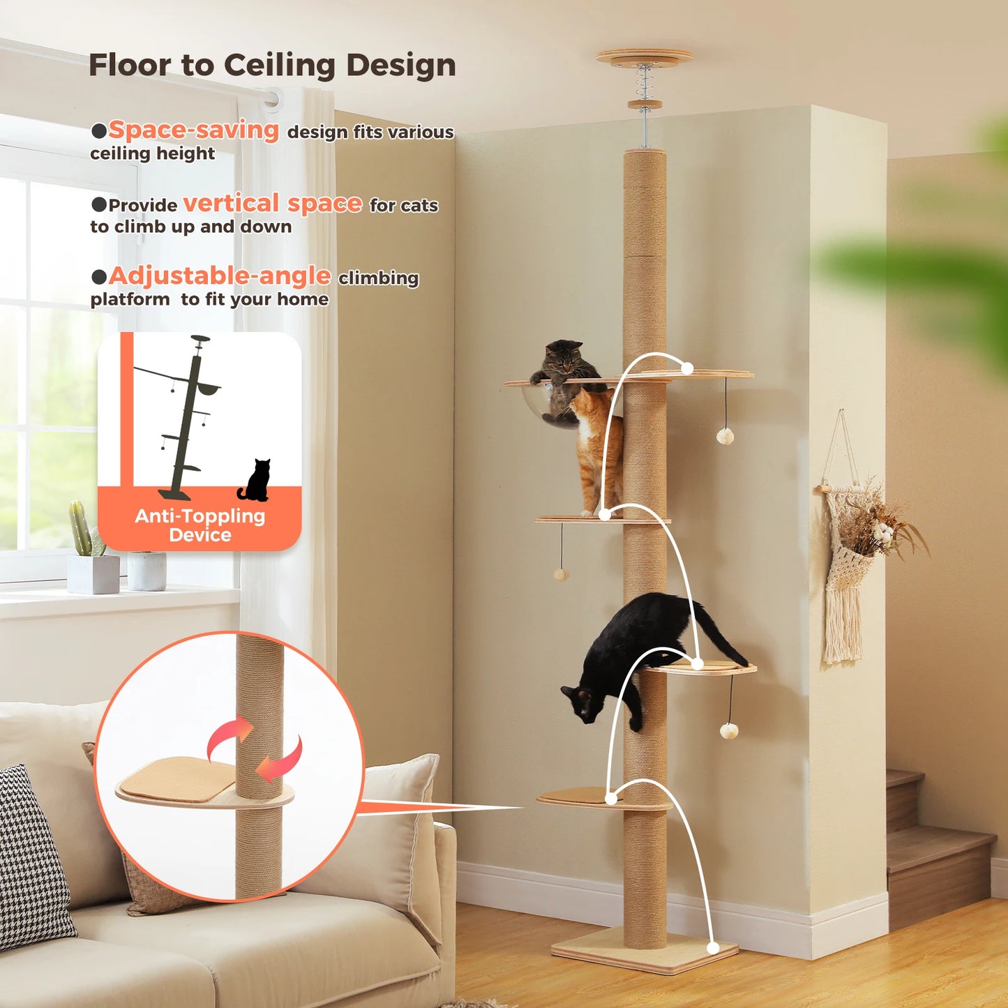 PAWZ Road Floor to Ceiling Adjustable Wooden Cat Tree with Acrylic Cave and Thick Scratching Posts