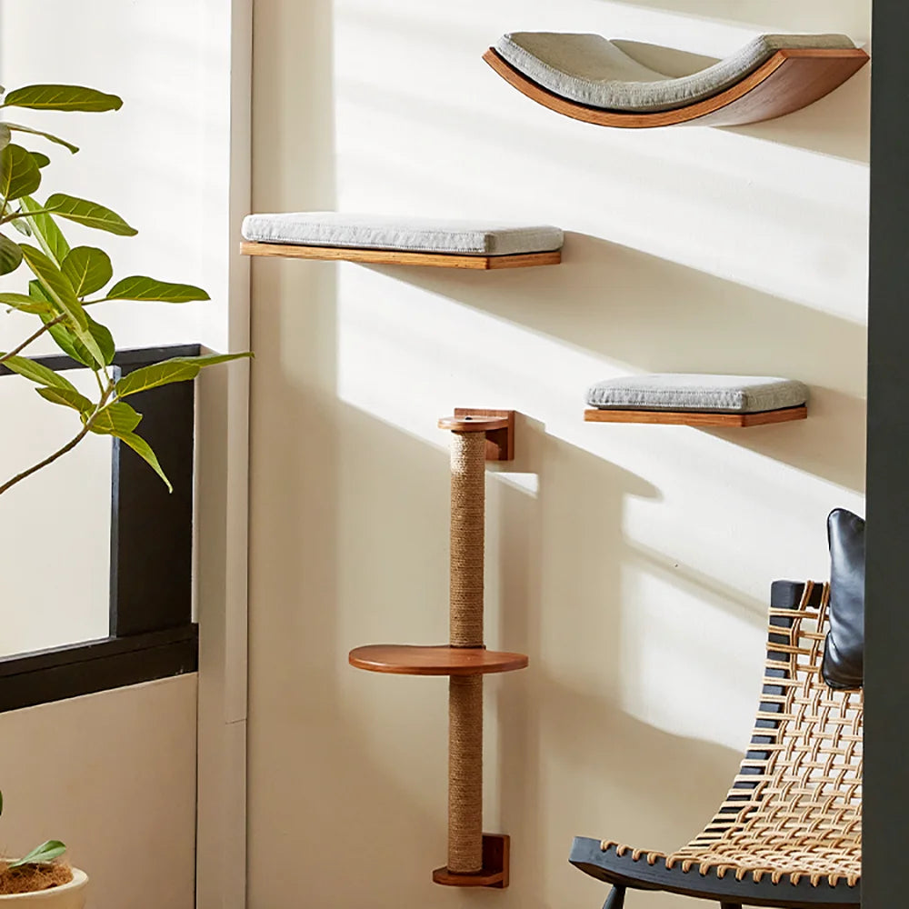 Wall Mounted Wooden Cat Tree Shelves with Scratching Posts Hammock and Floating Climbing Perches