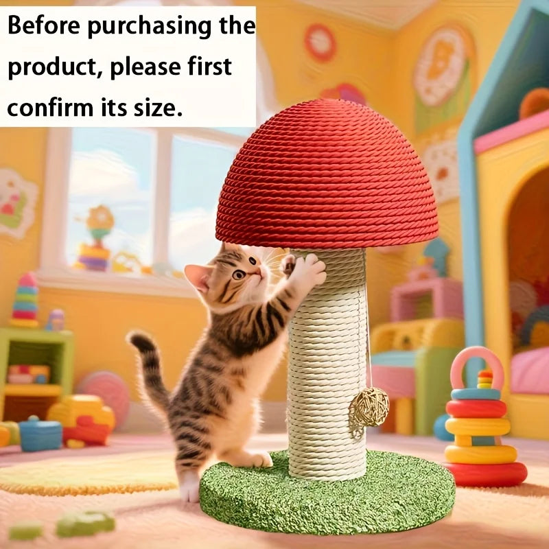 Red Mushroom Shaped Cat Scratching Post with Sisal Pad and Green Pom Pom Base