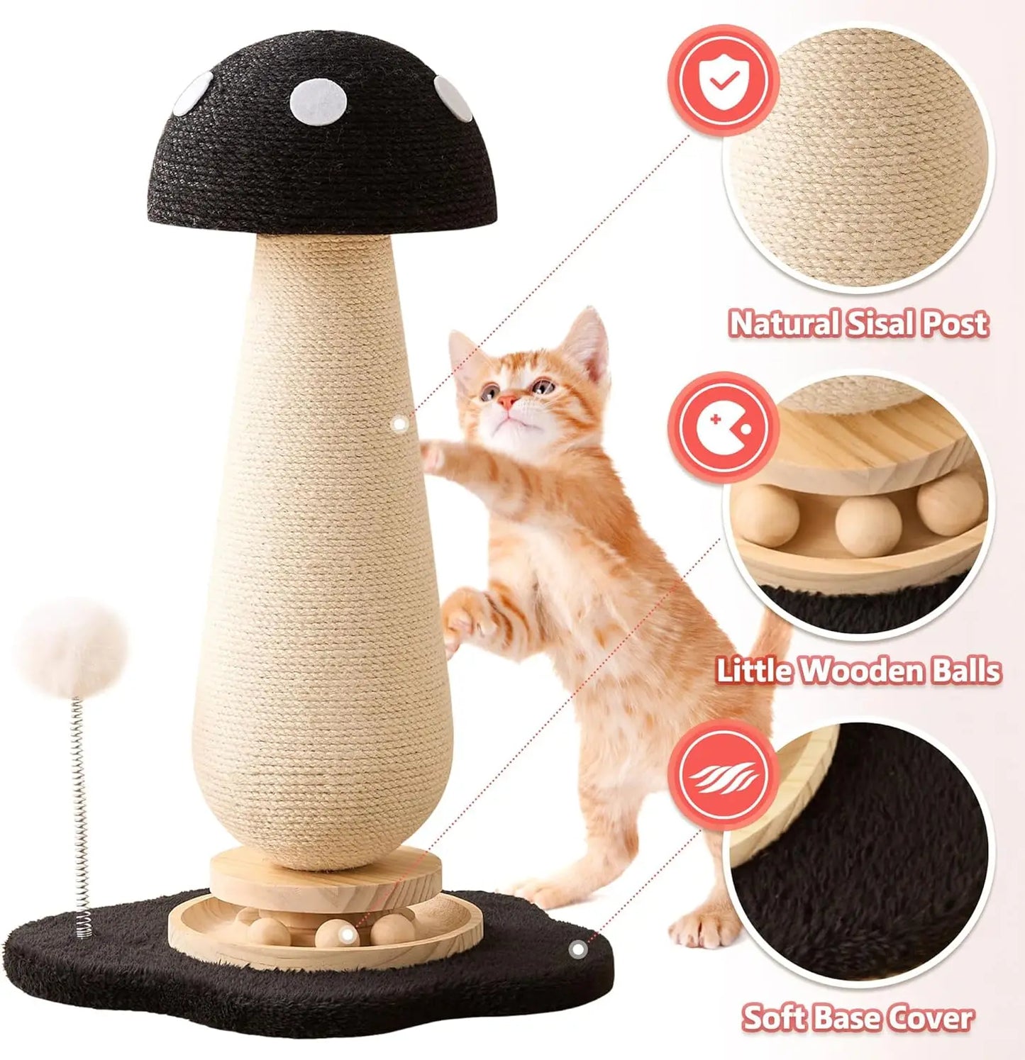 Cute 21.5 Inch Mushroom Cat Scratching Post and Three Layer Solid Wood Cat Tree