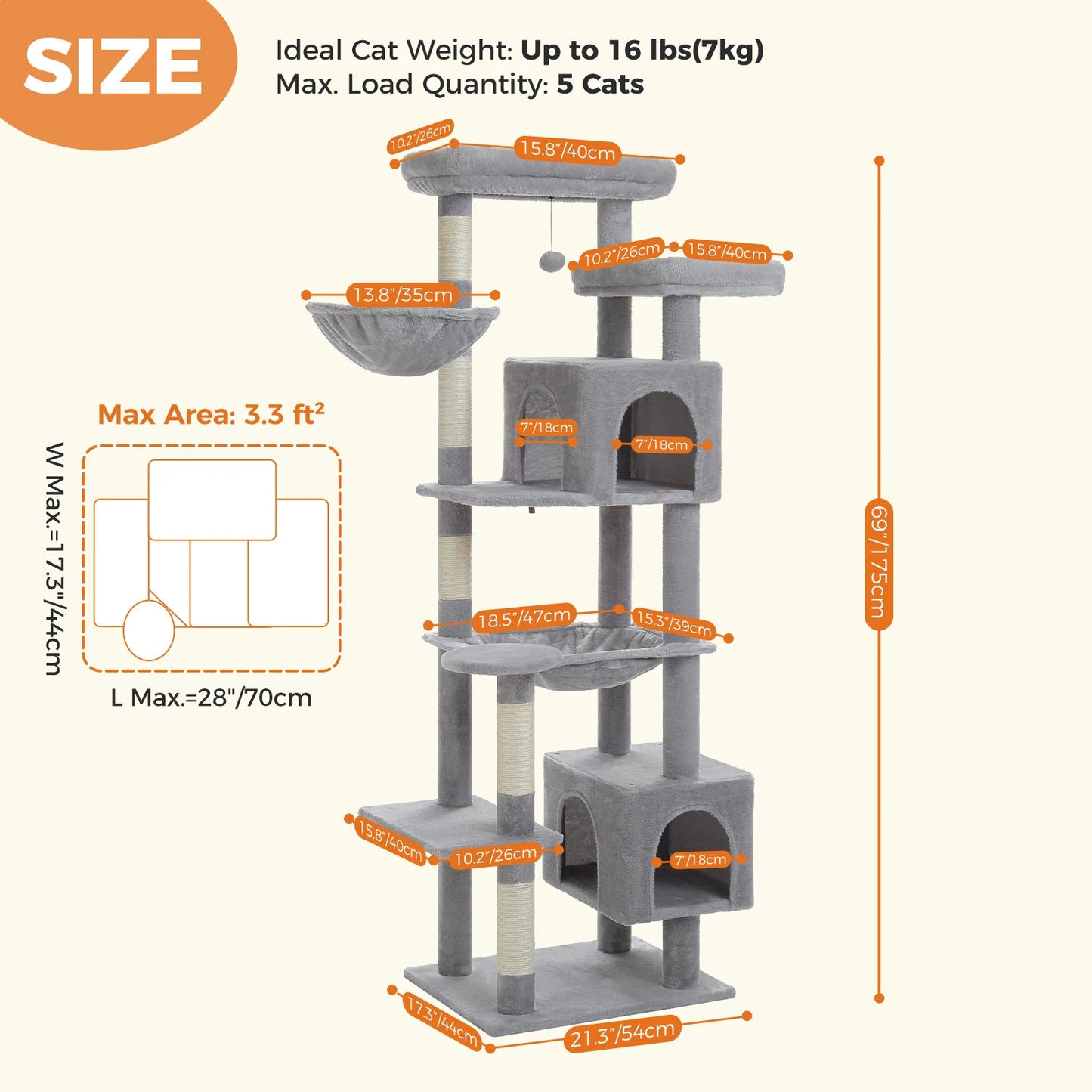 Sturdy Multi-Level Cat Tree Tower with Natural Sisal Scratching Posts,Cozy Hammock&Condo, Large Top Perch, and Fun Dangling Ball