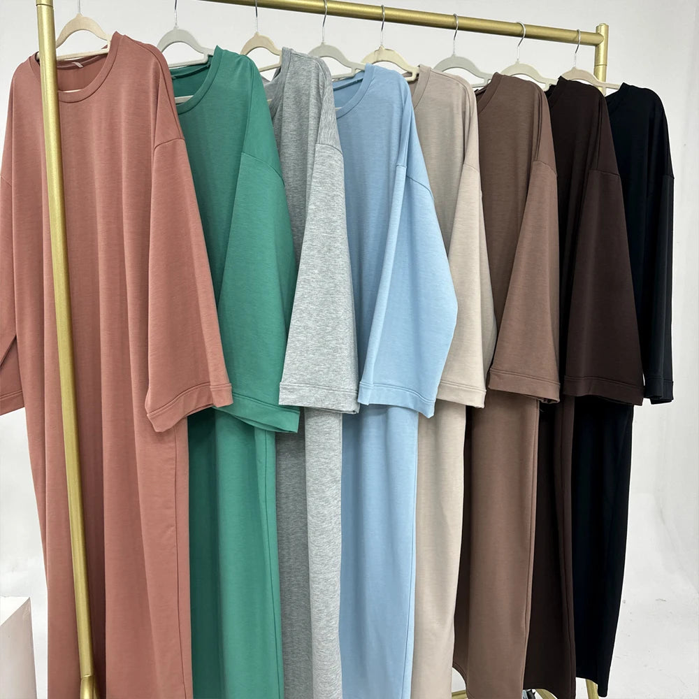 Casual Loose-Fit Muslim Sporty Abaya Women Long Sweatshirt Dress-Drop Shoulders, Side Pockets. Ramadan Modest Islamic Clothing