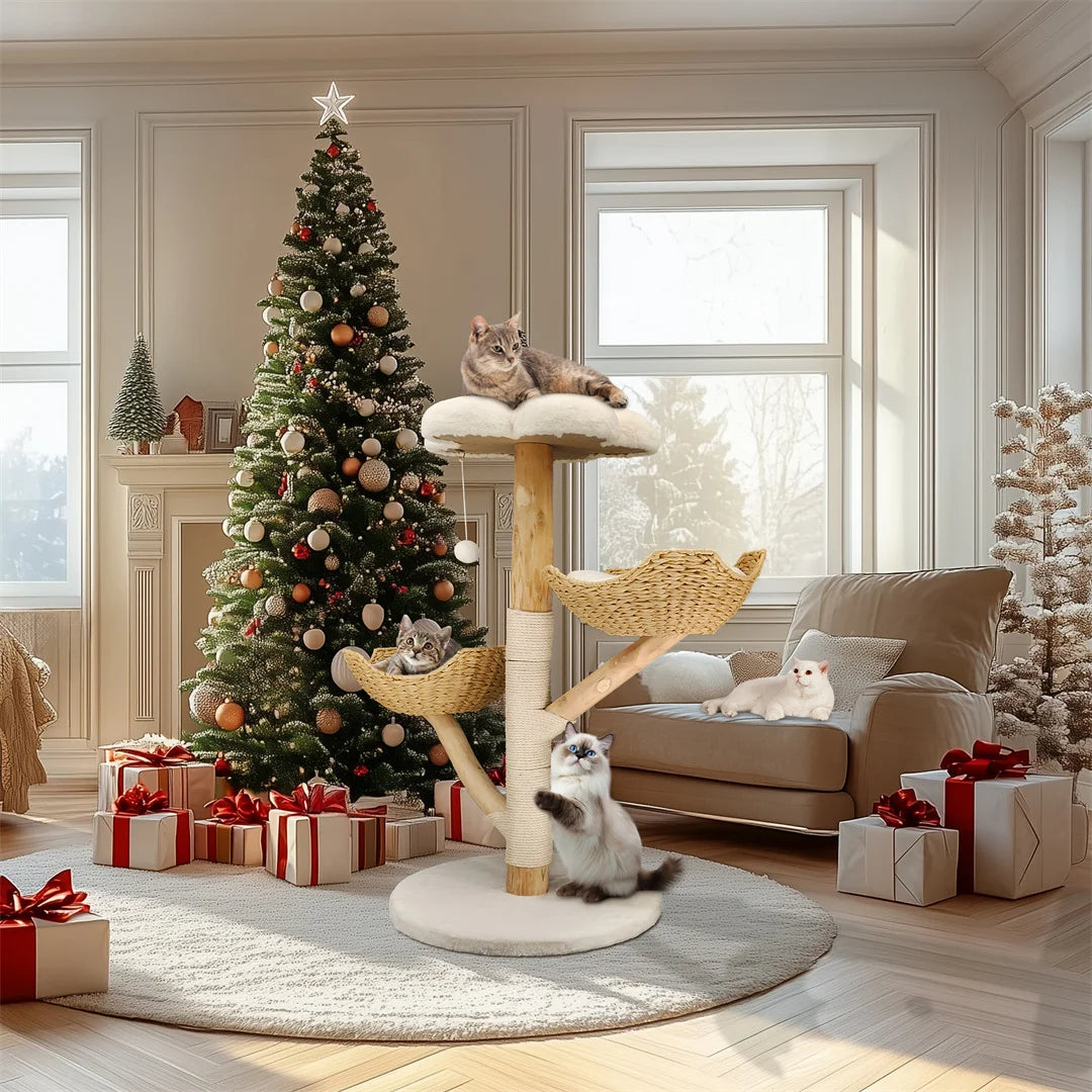 BINGOPAW 111cm Modern Solid Wood Cat Furniture Activity Center with Sisal Scratching Post